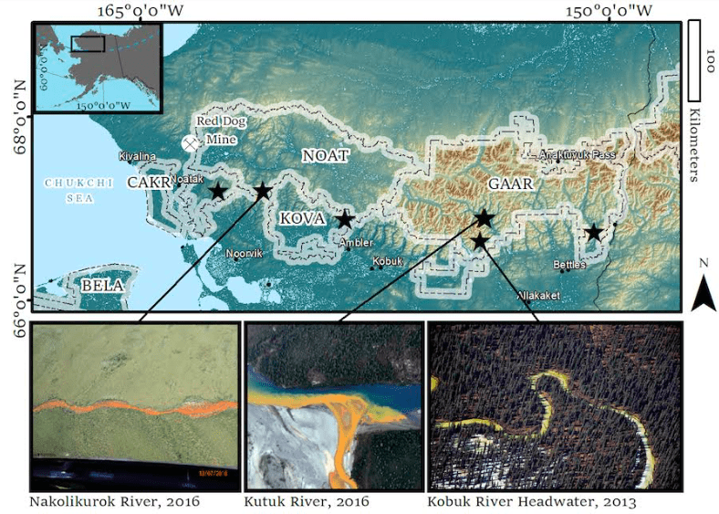 A map showing some orange streams found in national park units in northern Alaska. Map created by Carson Baughman, USGS; photos by Ken Hill, National Park Service.