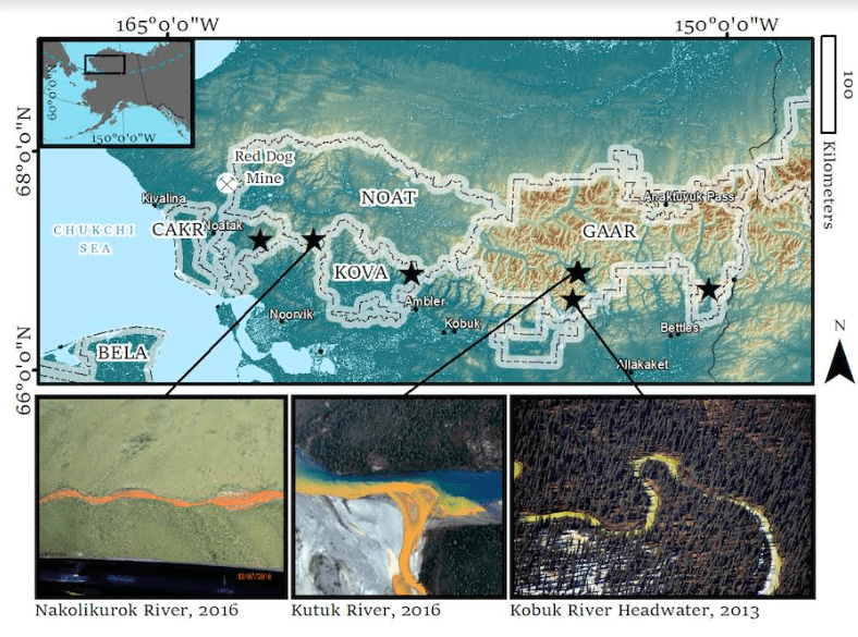 A map showing some orange streams found in national park units in northern Alaska. Map created by Carson Baughman, USGS; photos by Ken Hill, National Park Service.