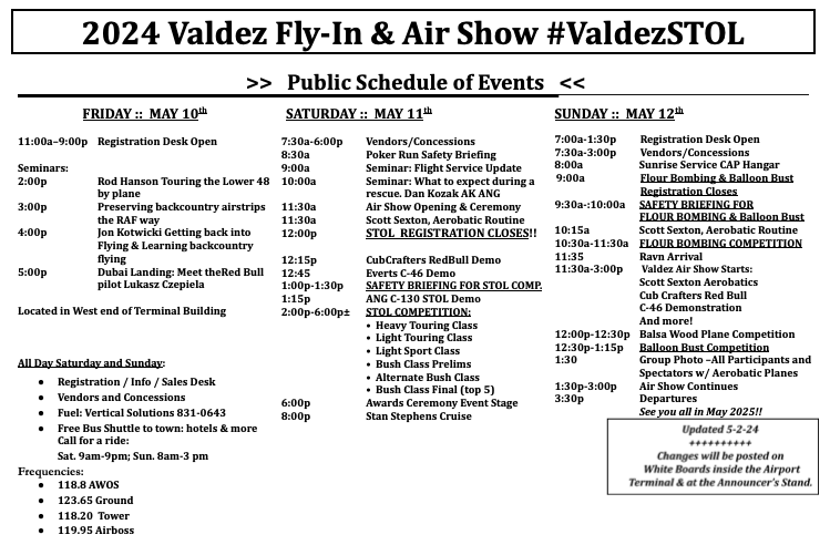 Valdez Fly In and Airshow Schedule 2024