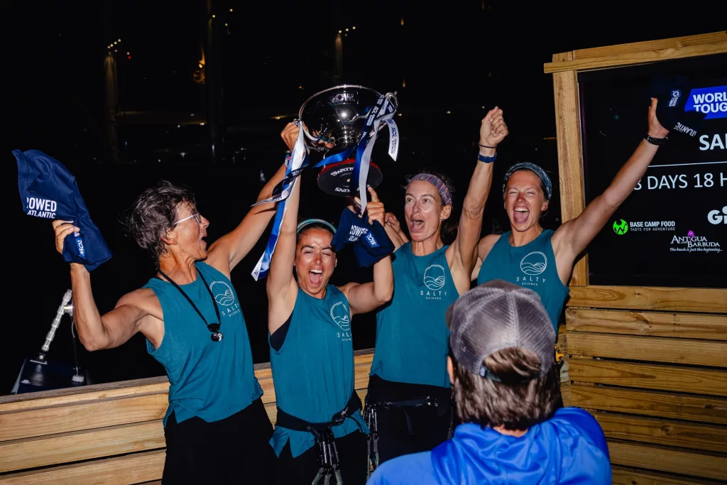 From left, Isabelle Côté, Lauren Shea, Chantale Bégin and Noelle Helder celebrate crossing the Atlantic Ocean in 38 days in Antigua on Jan. 20, 2024. Photo courtesy Noelle Helder.