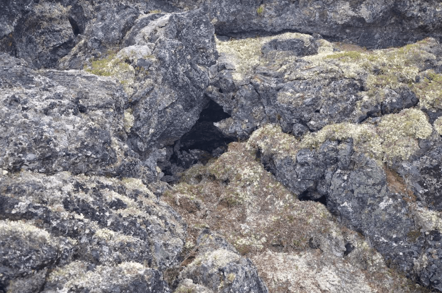 2. An opening in the Lost Jim Lava Flow forms the entrance to a small cave where hunters cached kayak paddles and weapons on Alaska’s Seward Peninsula. Photo by Ben Jones.