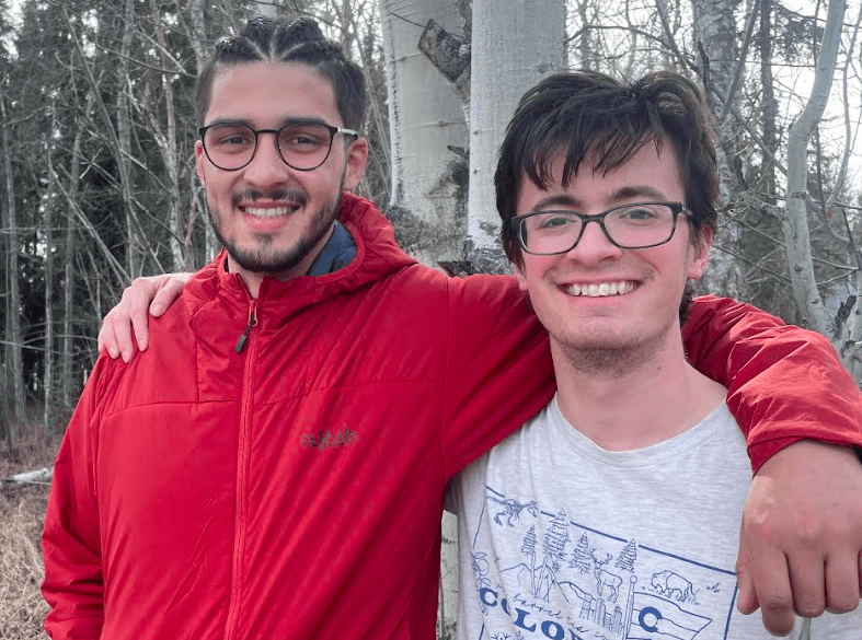 1. Roger Jaramillo, left, and Matthew Crisafi-Lurtsema pose on the UAF campus before heading to the shoulder of Denali, where they will sample for microplastics. Photo by Ned Rozell.