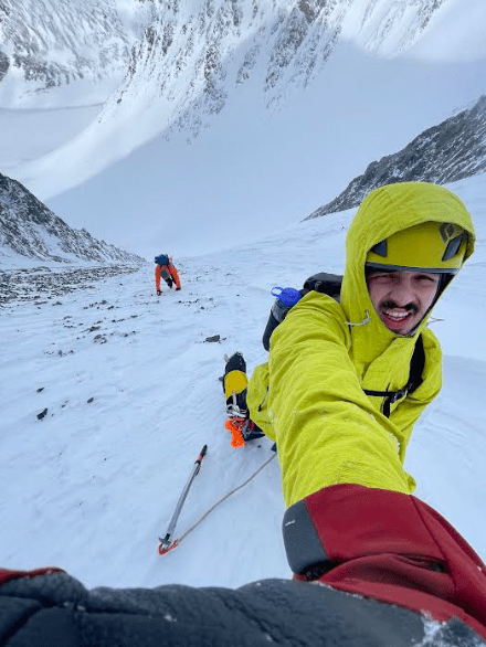 4. Roger Jaramillo, foreground, and Matthew Crisafi-Lurtsema climb in the Chugach Range of Southcentral Alaska in spring 2024 to prepare for an ascent of Denali. Photo by Roger Jaramillo.