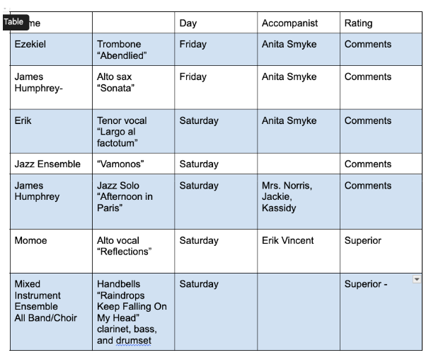 Schedule for VHS Music students performing at State Solo and Ensemble, May 2024