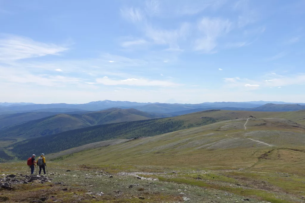 Bruno Grunau and Forest Wagner hike a trail through the alpine in Interior Alaska during the AlaskAcross 2024 50-mile race. Photo by Ned Rozell.