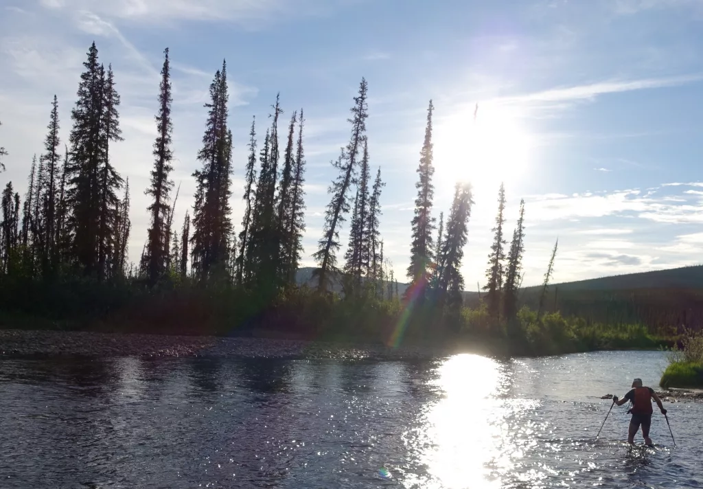 Bruno Grunau crosses the Ikheenjik River (formerly known as Birch Creek), the major water obstacle during the AlaskAcross 2024 race from Eagle Summit to Chena Hot Springs resort. Photo by Ned Rozell.