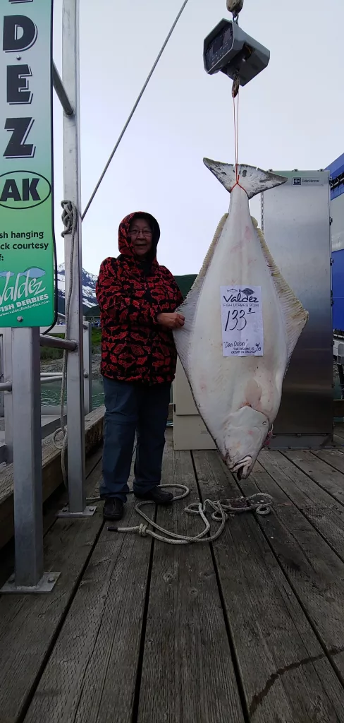 Frieda Wiley of Valdez wins 1st place for Week #3 in the derby with a 133.8-pound halibut she caught aboard Dan Orion