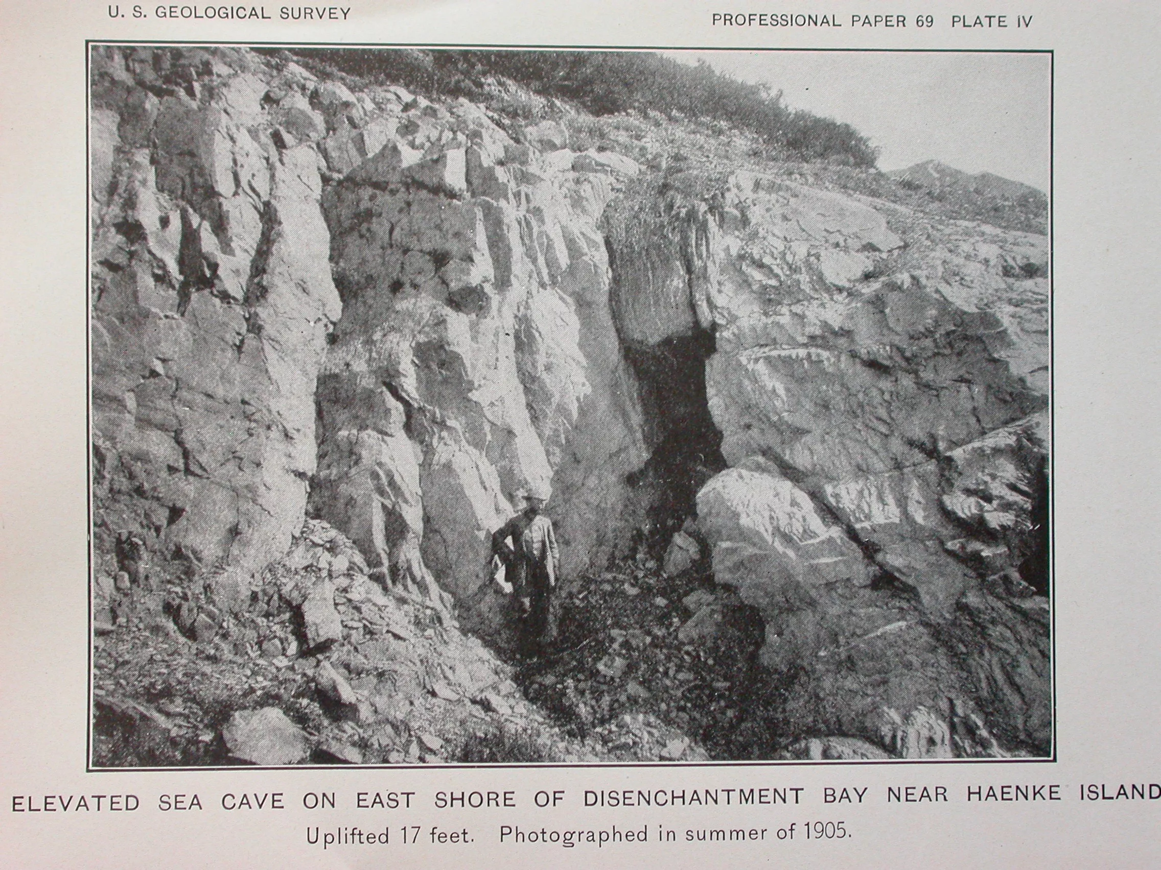 A photo showing shoreline uplifted during a massive 1899 earthquake near Yakutat. From the 1912 USGS paper, The Earthquakes at Yakutat Bay, Alaska in September, 1899.