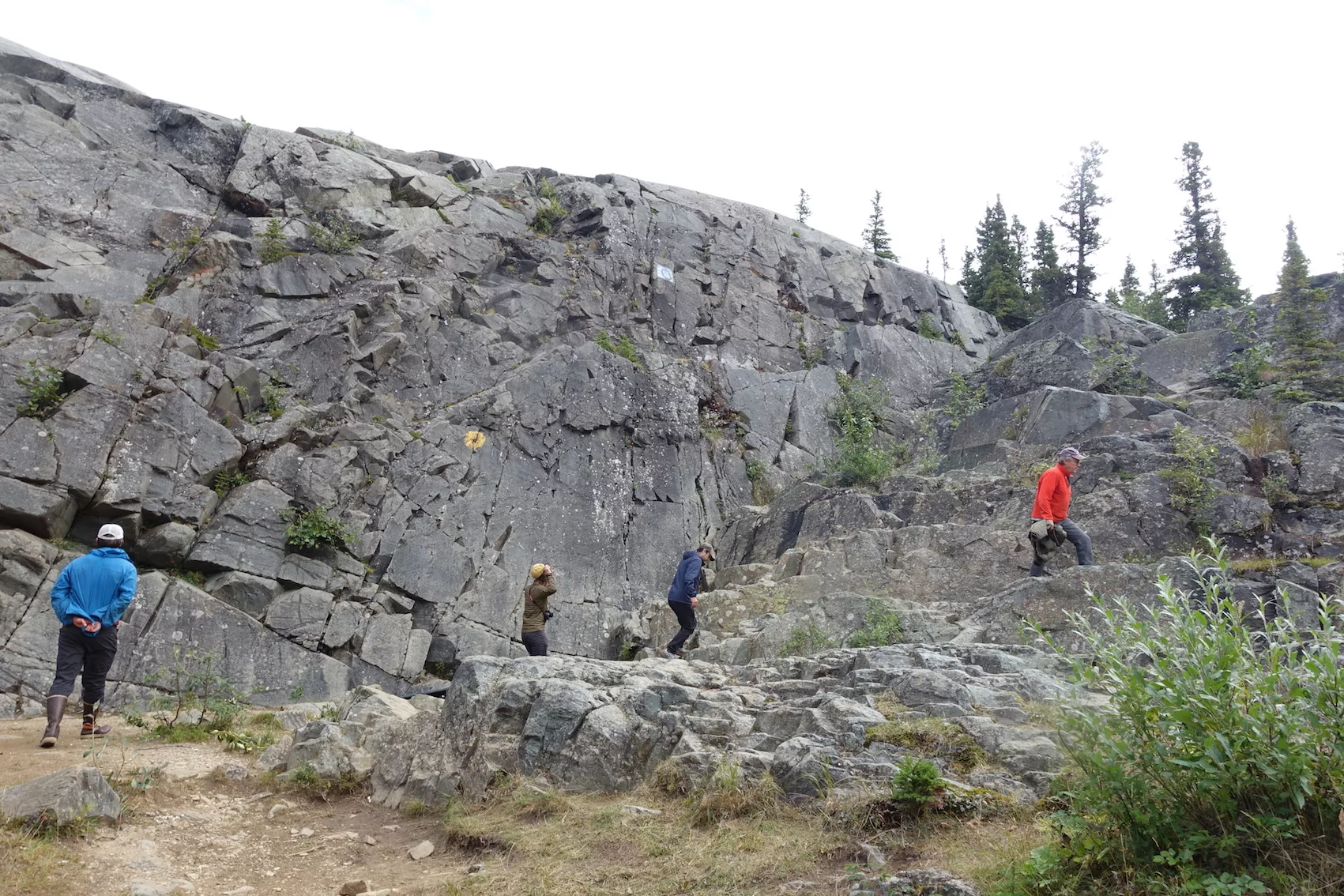 Scientists scale a rock face south of Delta Junction that was scoured bare by floodwaters from the failure of a glacial ice dam hundreds of years ago. Photo by Ned Rozell.