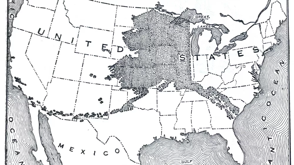 A Guide to Alaska, published in 1943, includes this comparison map of Alaska and the Lower 48 states.