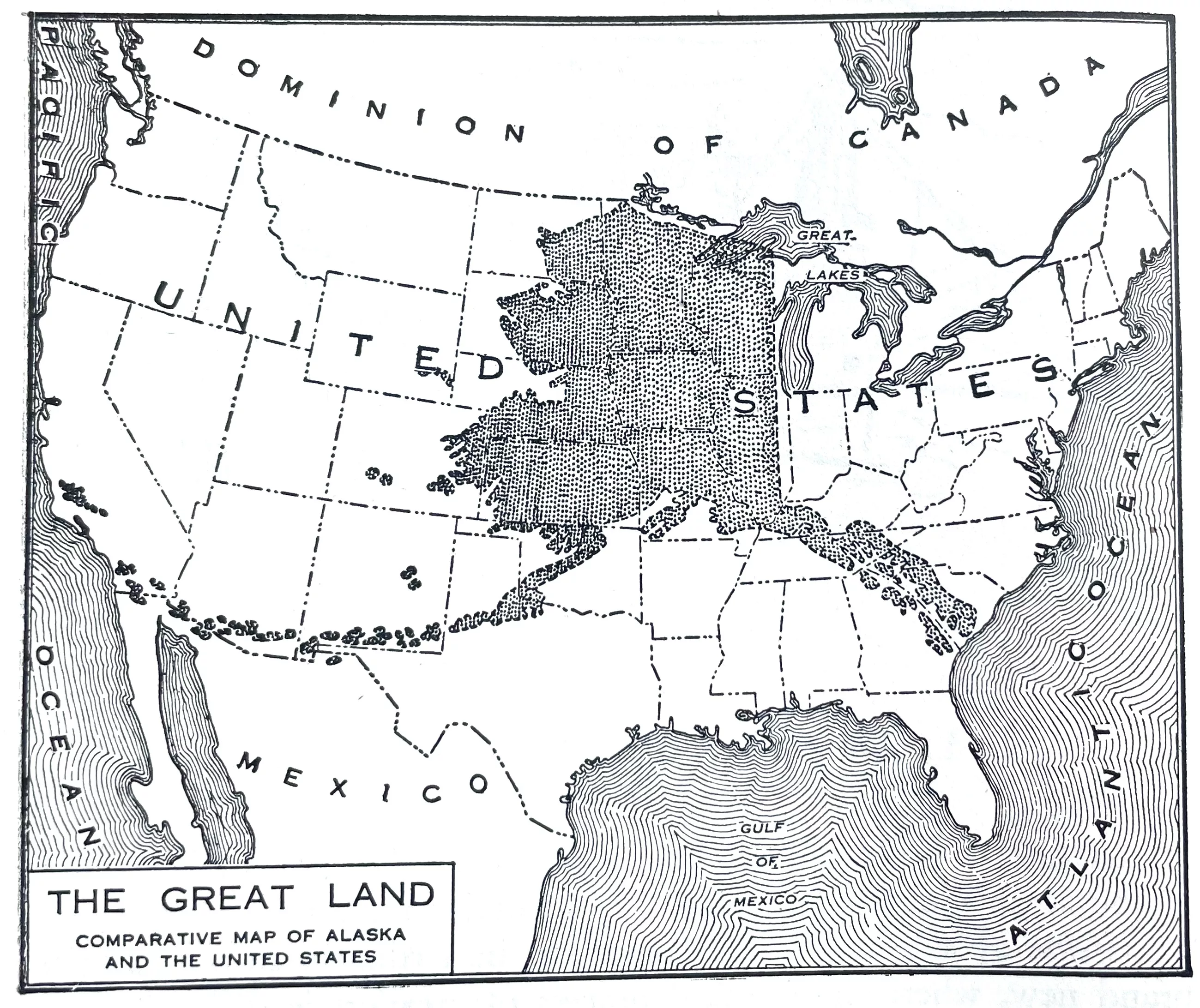 A Guide to Alaska, published in 1943, includes this comparison map of Alaska and the Lower 48 states.