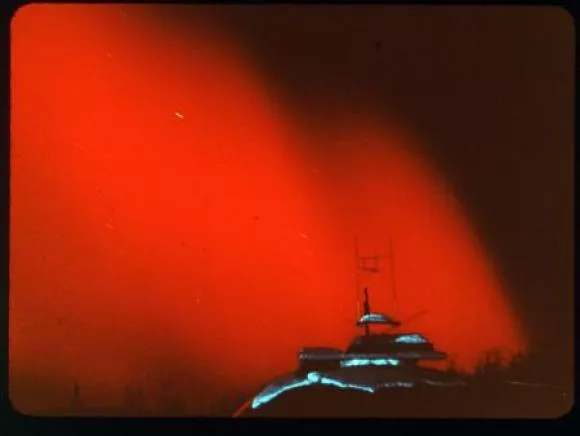 A rare red aurora over Alaska in February 1958. Geophysical Institute photo.