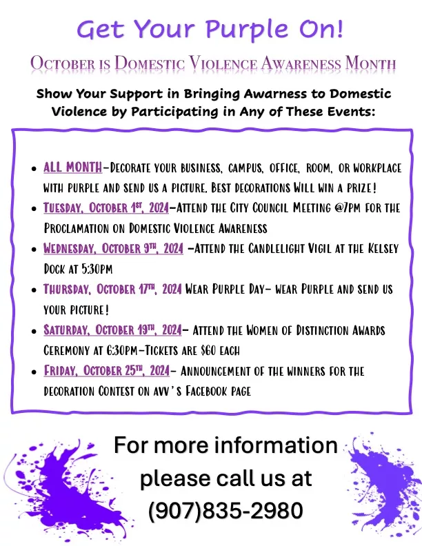 Get Your purple On flyer, Domestic Violence Awareness Month, Oct 2024 AVV