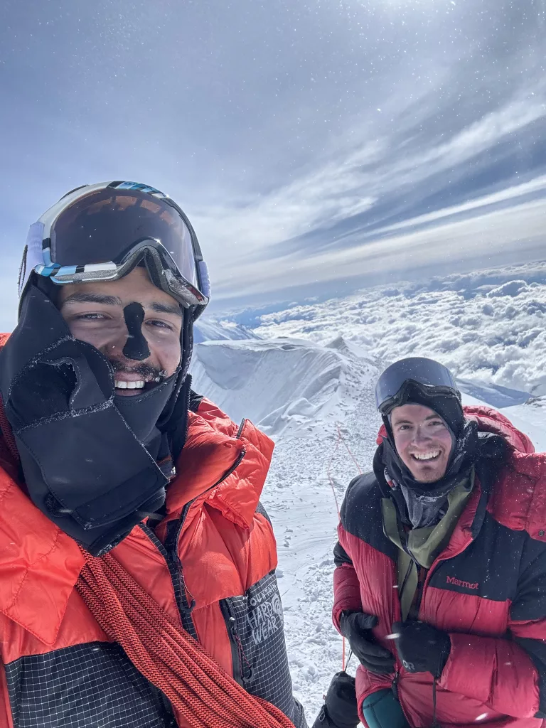 Roger Jaramillo, left, and Matthew Crisafi-Lurtsema stand on the summit of Denali on June 7, 2024. Photo by Roger Jaramillo.