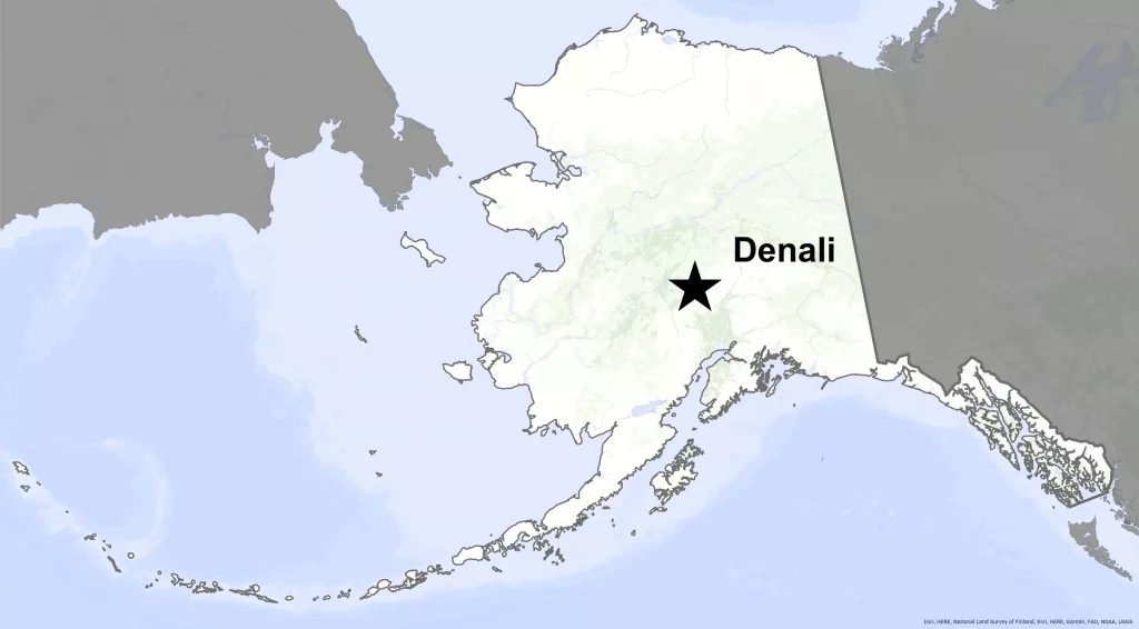 Denali on map of Alaska