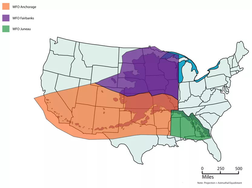 1. Alaska’s three forecast offices of the National Weather Service — Fairbanks in purple, Anchorage in orange, and Juneau in green — cover areas that would span the Lower 48 states. Graphic courtesy of the National Weather Service.
