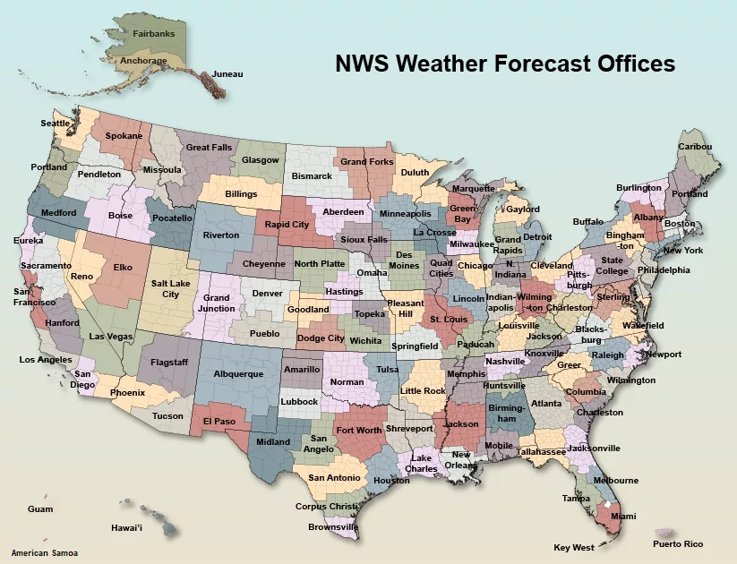 This map — not to scale when considering Alaska or Hawaii — shows the National Weather Service regional offices across the United States. Graphic courtesy of the National Weather Service.