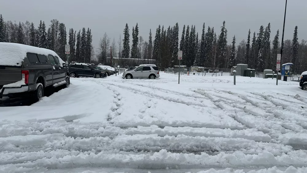 Fairbanks’ first real winter storm of October 2024 left behind an uncommon wet, slushy mess. Photo by Bobby Bianco.