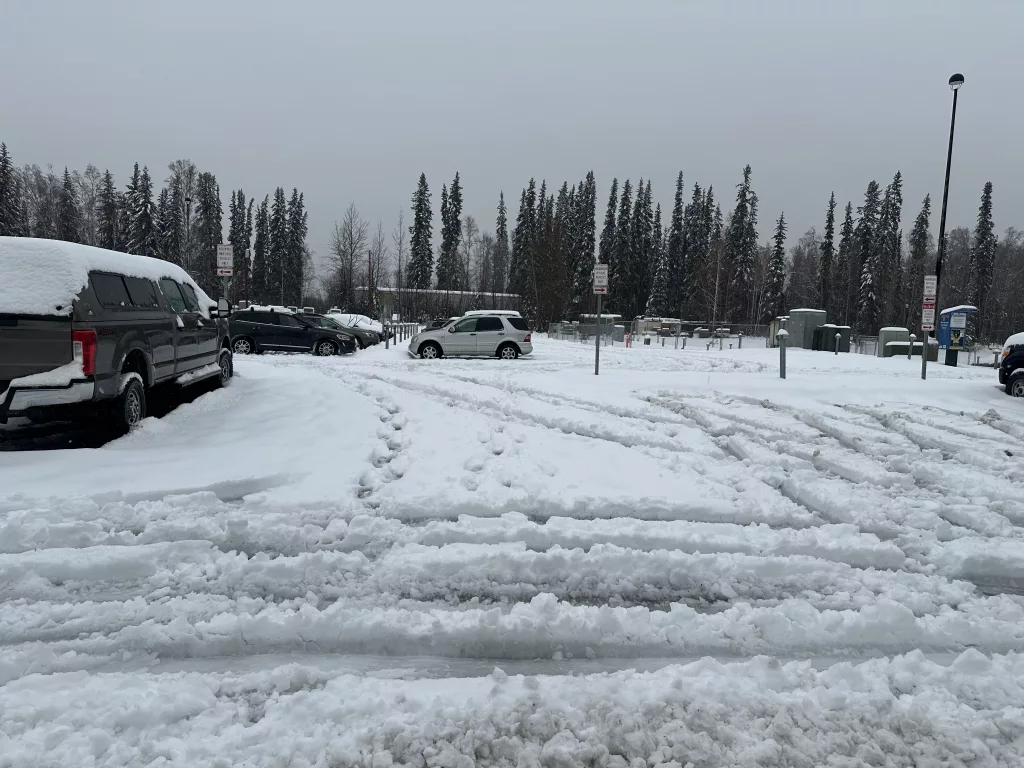 Fairbanks’ first real winter storm of October 2024 left behind an uncommon wet, slushy mess. Photo by Bobby Bianco.