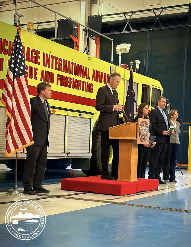 Governor Mike Dunleavy celebrates ANC cargo growth at today's press conference with (L to R) speakers DOT&PF Commissioner Anderson, Teri Lindseth (ANC Deputy Airport Director), Tyler Cresswell (Regional Chief Pilot, ANC Atlas), and DOT&PF Deputy Commissioner Keith.