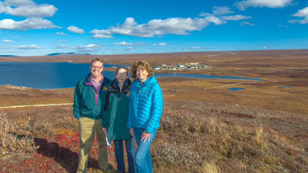 Senator Lisa Murkowski, right, poses with Brian Barnes and Donie Brett-Harte during the senator's brief visit to UAF's Toolik Field Station about 370 miles north of Fairbanks in Sept, 2013. UAF photo by Todd Paris.