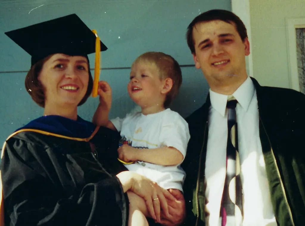 Natalia Ruppert poses with her son Anton and her husband Artem in May 2001 after receiving her doctorate degree at the University of Alaska Fairbanks. Photo courtesy Natalia Ruppert.