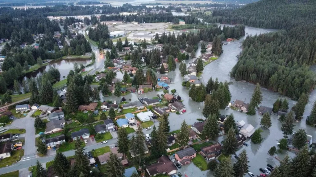 On August 6, 2024, a glacial outburst flood from Mendenhall Glacier flooded northern Juneau, Alaska. Flood waters overtopped the banks of the Mendenhall River for the second consecutive year. Photo by Alaska National Guard.