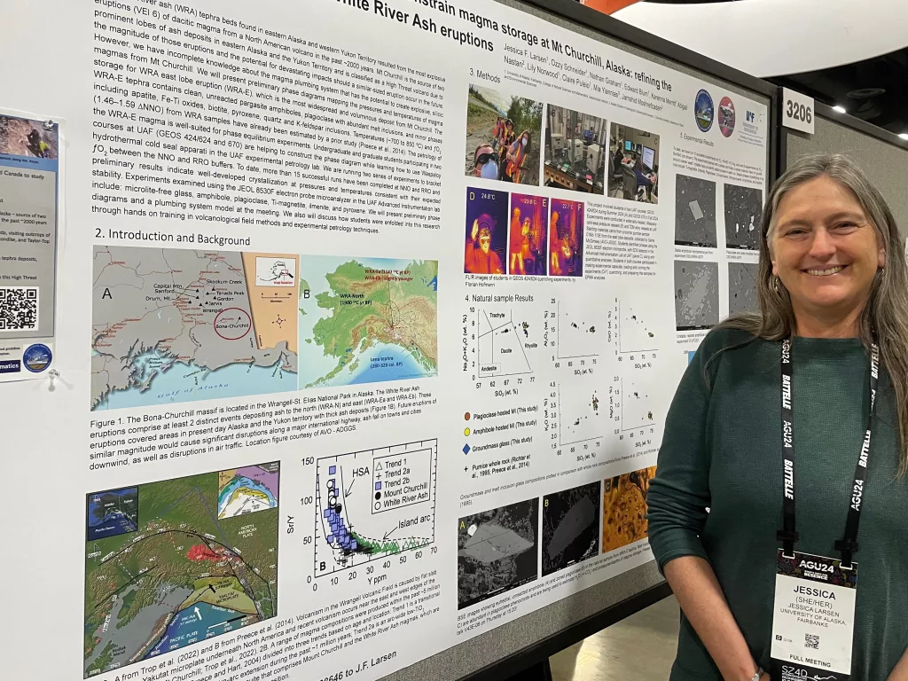 Jessica Larsen of the University of Alaska Fairbanks Geophysical Institute presents her study on Alaska’s Mount Churchill at the 2024 Fall Meeting of the American Geophysical Union in Washington, D.C. Photo by Ned Rozell.