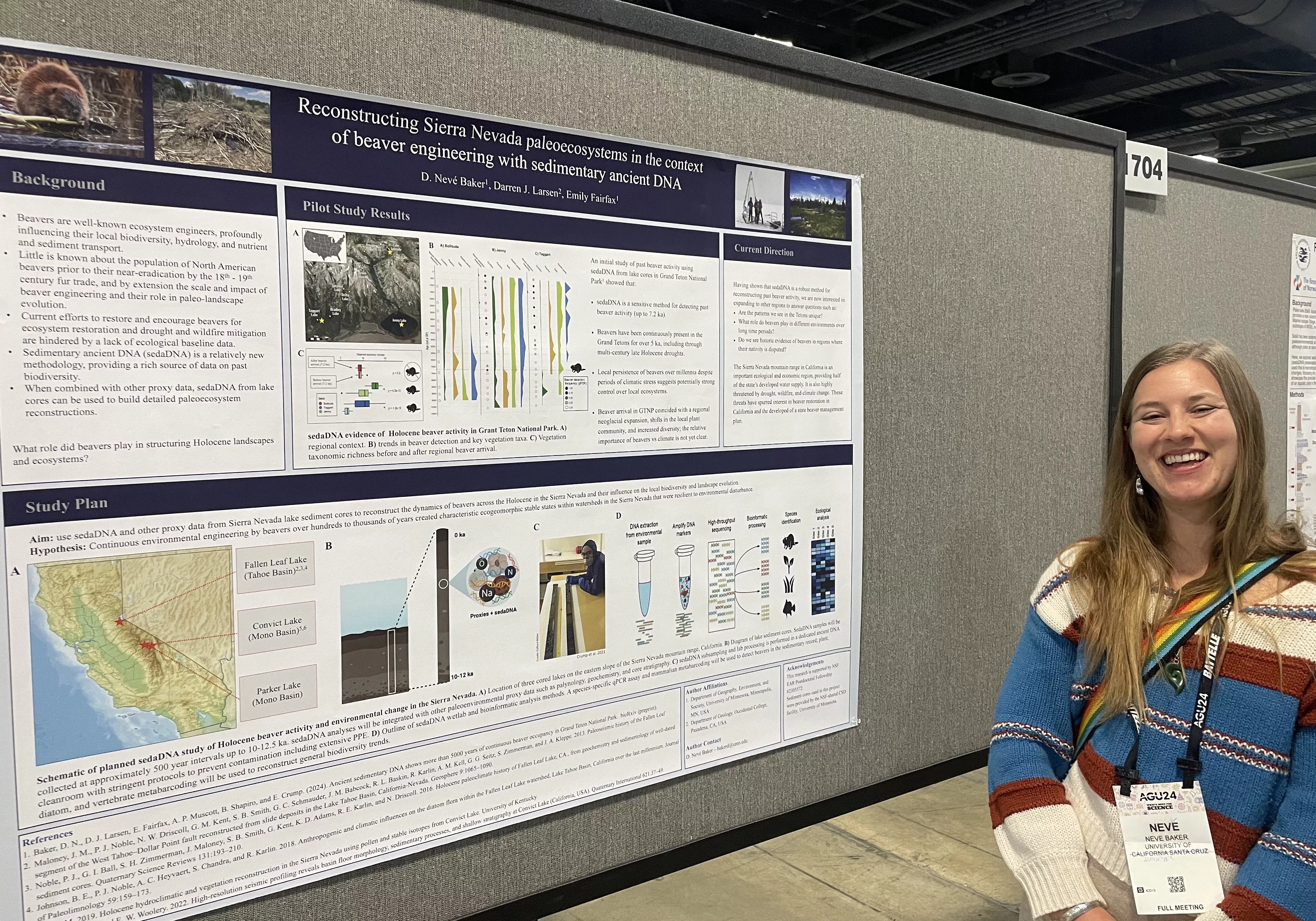 Neve Baker stands beside her poster on discovering ancient evidence of beavers in Grand Tetons National Park while she was at the Fall Meeting of the American Geophysical Union in Washington, D.C. in December 2024. Photo by Ned Rozell.