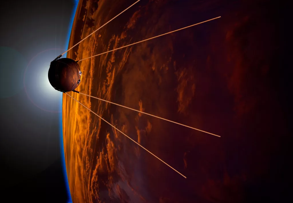 Sputnik 1 orbits Earth in this artist’s rendition by Gregory Todd. Creative Commons.