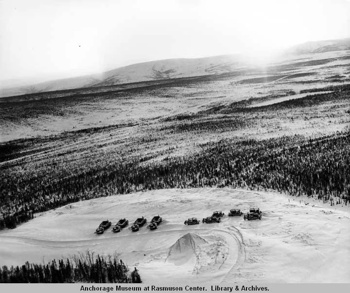 Bulldozers and scrapers sit on the gravel pad at Prospect Creek Camp during its construction in 1970. Photo by Steve McCutcheon, Steve McCutcheon Collection, Anchorage Museum at Rasmuson Center.