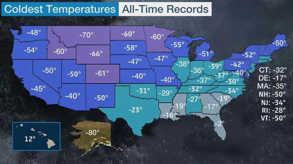 The map displays the coldest temperatures found in each state’s period of recorded records, including Alaska’s minus 80 degrees F on Jan. 23, 1971. National Oceanographic and Atmospheric Administration graphic.