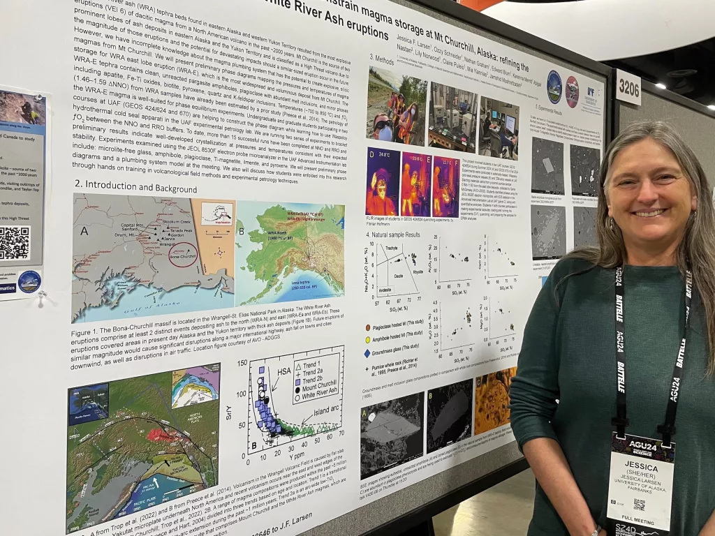 Jessica Larsen of the University of Alaska Fairbanks Geophysical Institute describes her research on Alaska’s Mount Churchill at the Fall Meeting of the American Geophysical Union on Dec. 9, 2024. Photo by Ned Rozell.