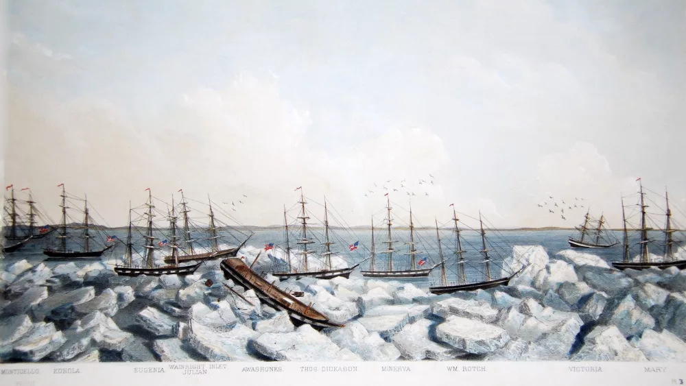 This painting, “Abandonment of the Whalers in The Arctic Ocean September 1871,” depicts the New England whaling ships trapped in pack ice off northern Alaska. Wainwright Inlet is in the background. Courtesy Ted and Ellie Congdon, Huntington Library.