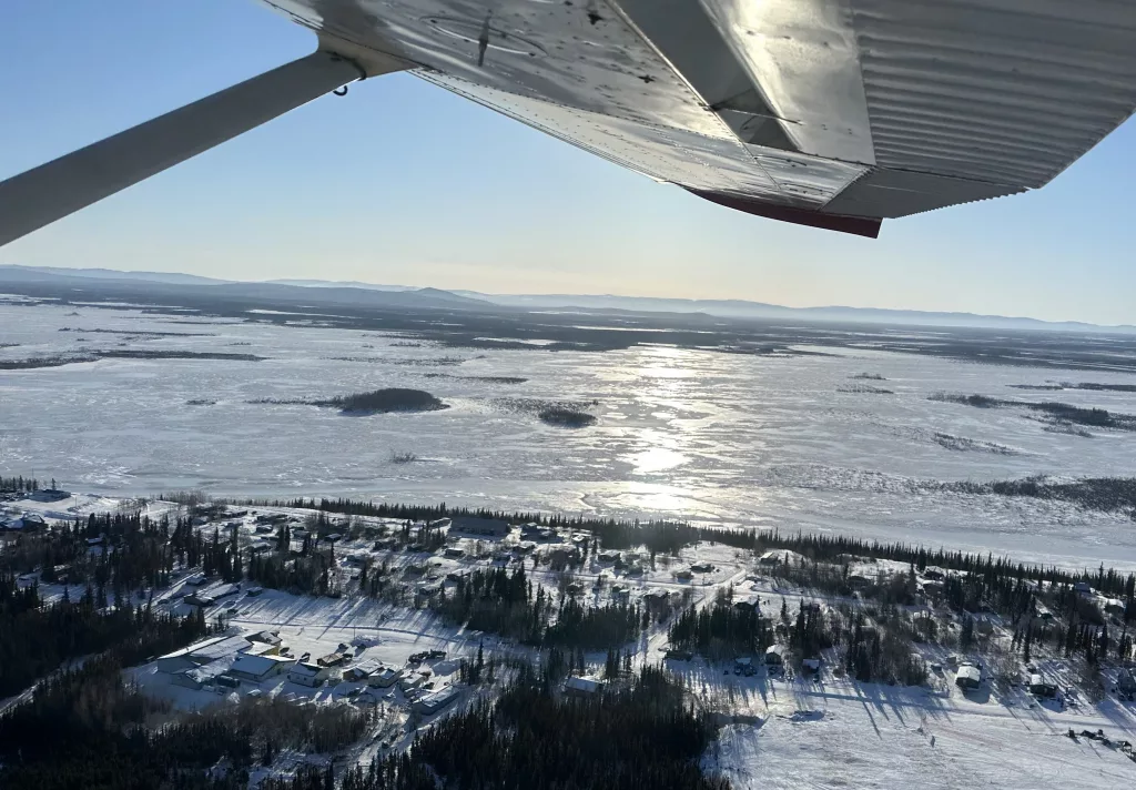Minto Flats spills out in frozen lakes and rivers just beyond the village of Minto during sunrise on March 23, 2025. Photo by Cristina Hansen.