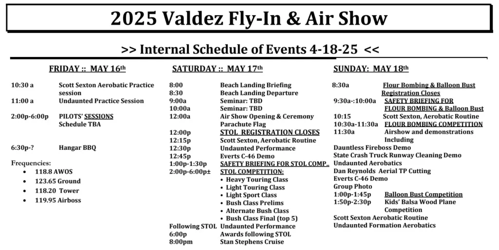 Valdez Fly-In Schedule 2025