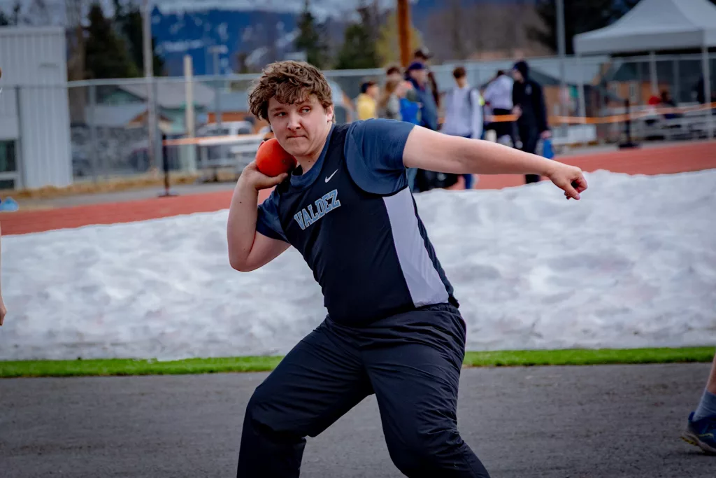 Julian at shot put at the Valdez/Glenallen/Gilson Middle School Track Meet 2025