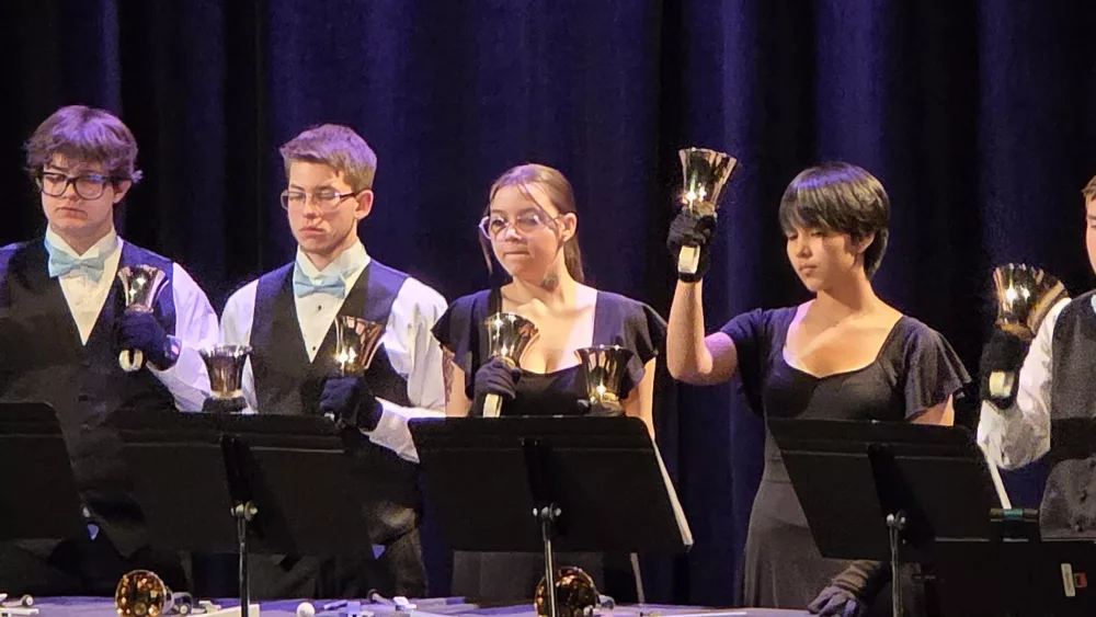 VHS students playing hand bells at concert Tuesday night, Spring Concert