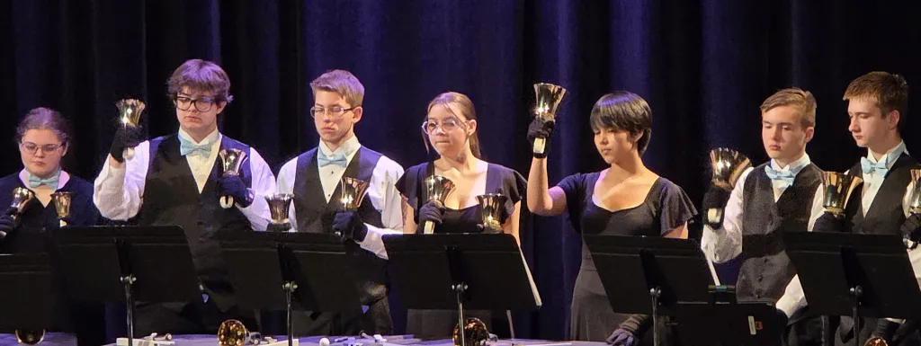VHS students playing hand bells at concert Tuesday night, Spring Concert