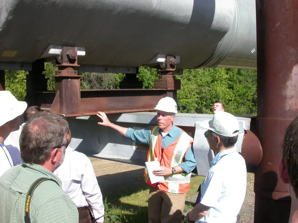 Elden Johnson points out features of the trans-Alaska pipeline north of Fairbanks on July 1, 2008. Photo by Ned Rozell.