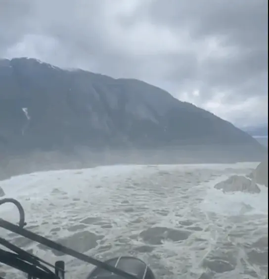 A landslide in Southeast Alaska sent millions of cubic meters of debris in Tracy Arm, leaving large piles of rock and debris in the fjord. Image from video by Lt. Chip Baucom and Cmdr. PJ Johansen, U.S. Coast Guard. Aug. 10, 2025