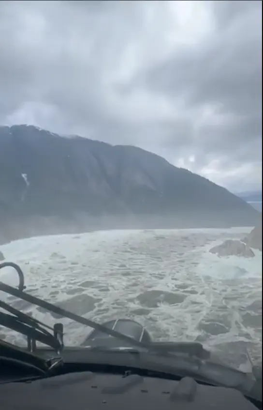 A landslide in Southeast Alaska sent millions of cubic meters of debris in Tracy Arm, leaving large piles of rock and debris in the fjord. Image from video by Lt. Chip Baucom and Cmdr. PJ Johansen, U.S. Coast Guard. Aug. 10, 2025