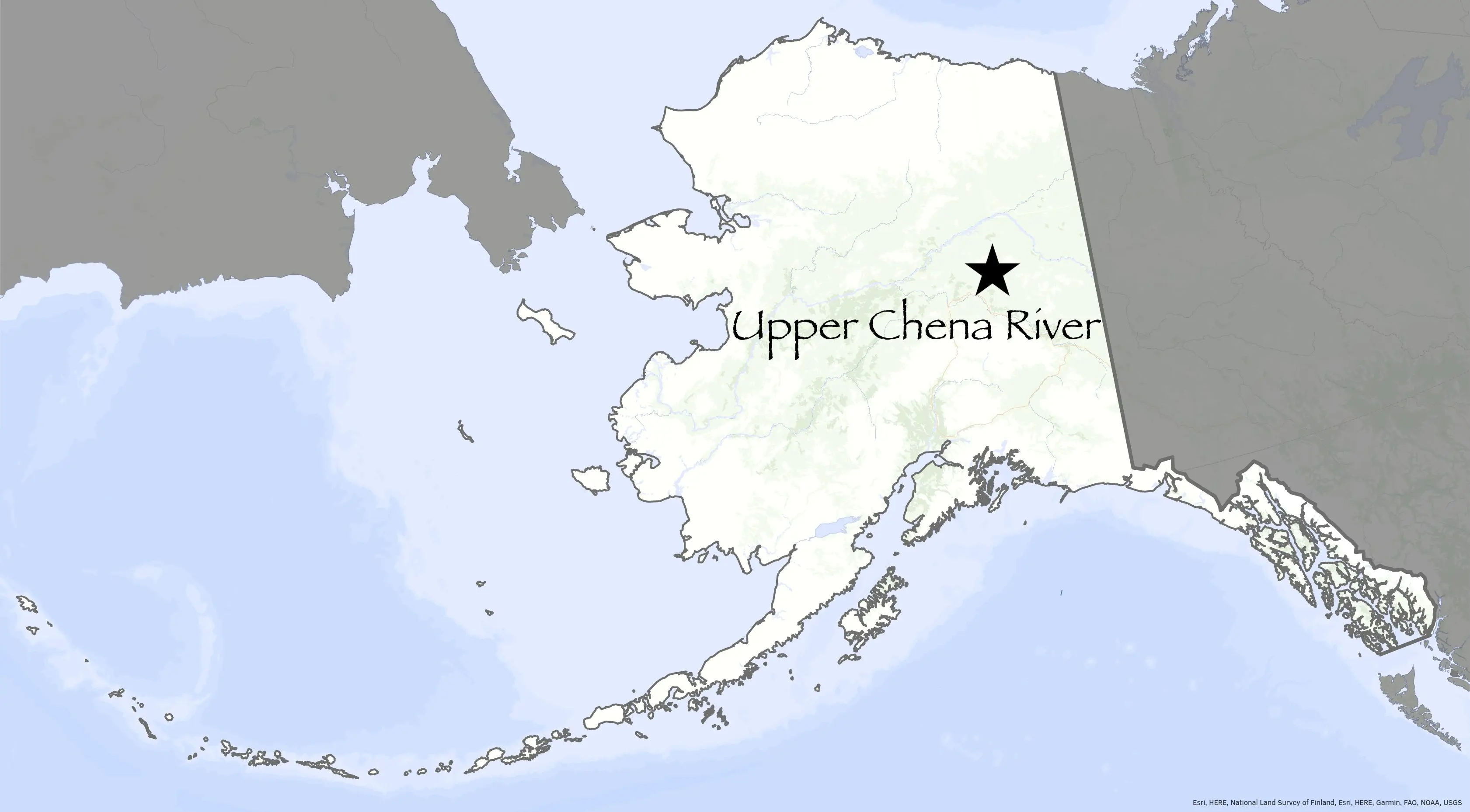 Upper Chena River marked on a map of Alaska