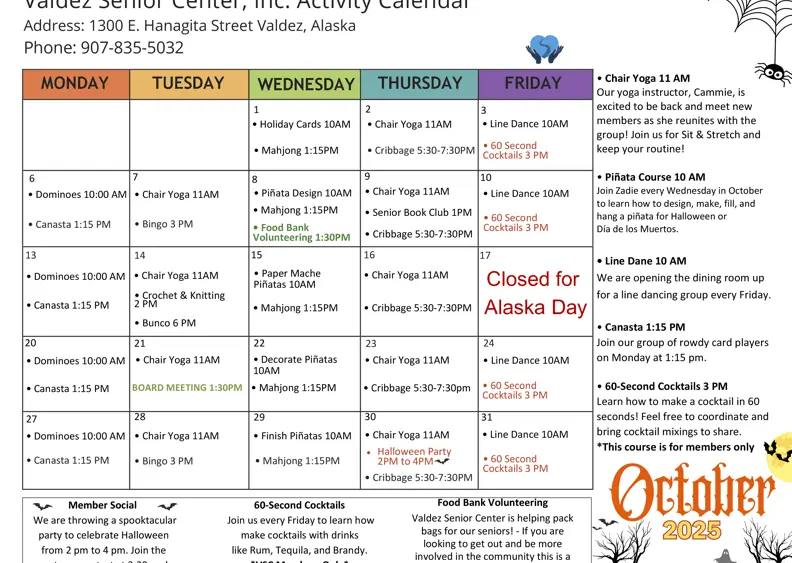 Valdez Senior Center October Calendar 2025