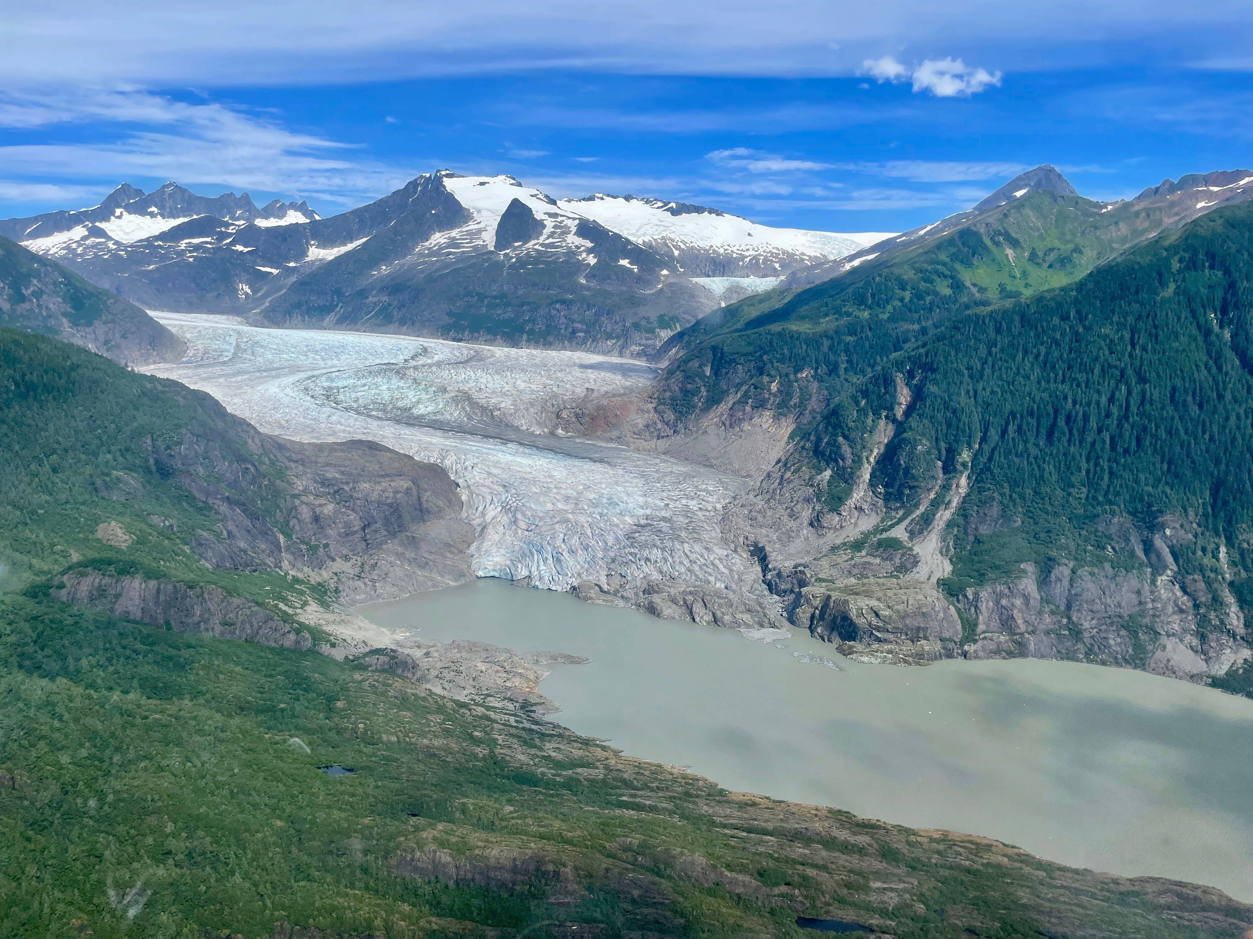 1. Mendenhall Glacier barely touches Mendenhall Lake near Juneau in this photo Eran Hood took from a helicopter on Aug. 13, 2025. Photo by Eran Hood.