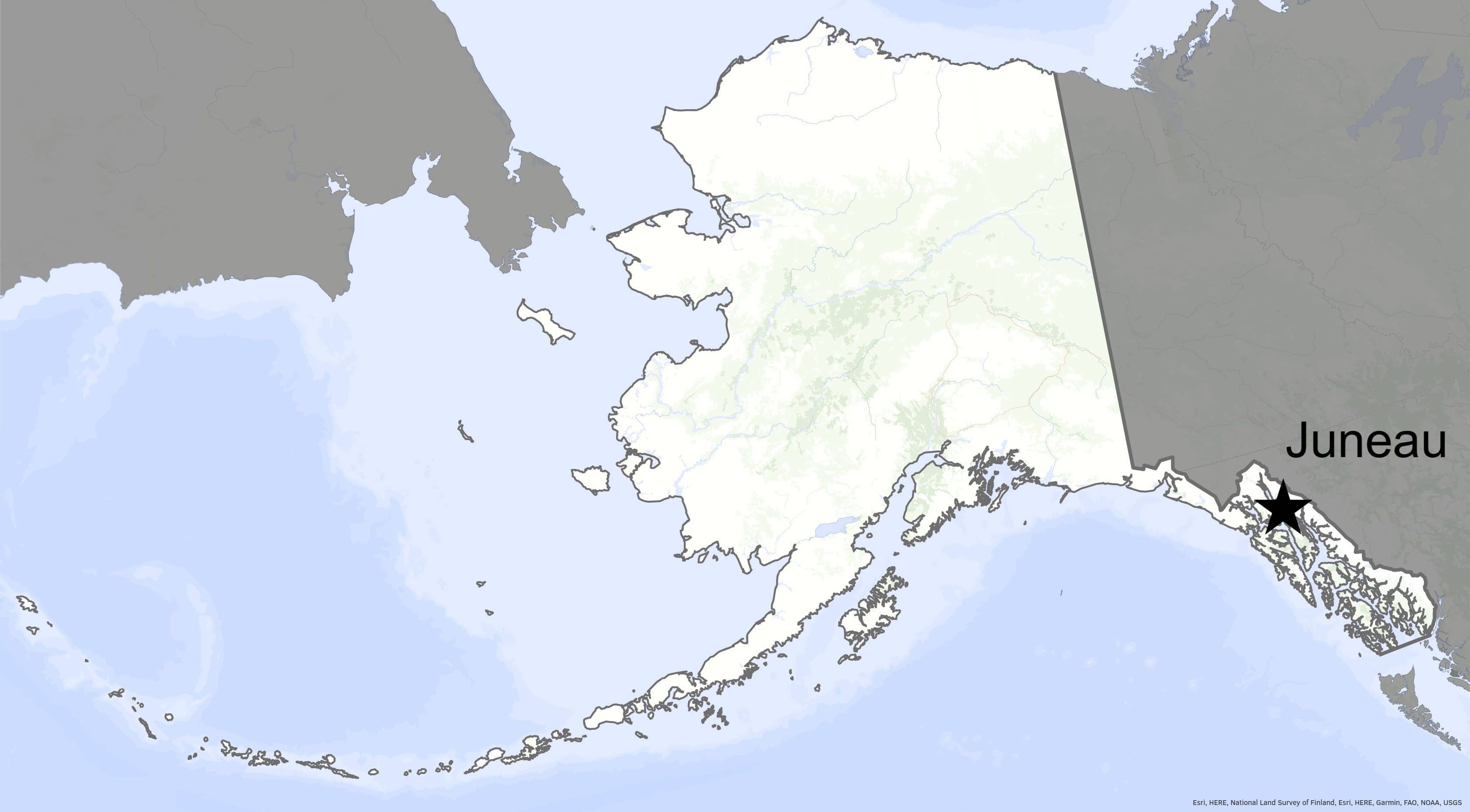 Juneau designated on a map of Alaska
