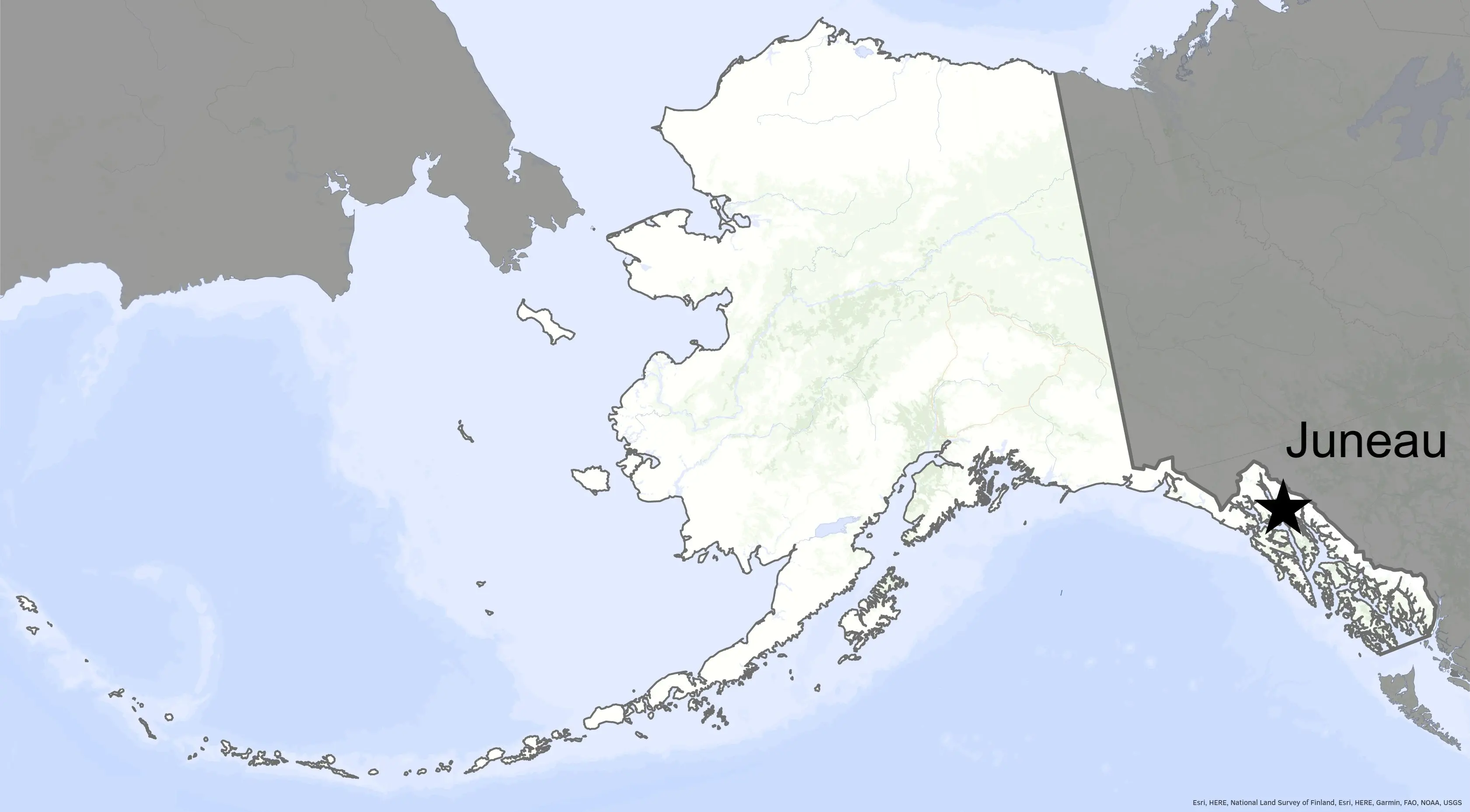 Juneau designated on a map of Alaska