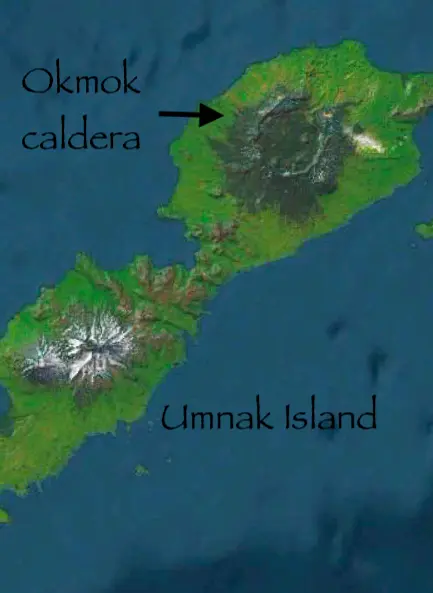 1. The crater from Mount Okmok’s eruption 2,000 years ago dominates Umnak Island in the Aleutians. From Google Maps.