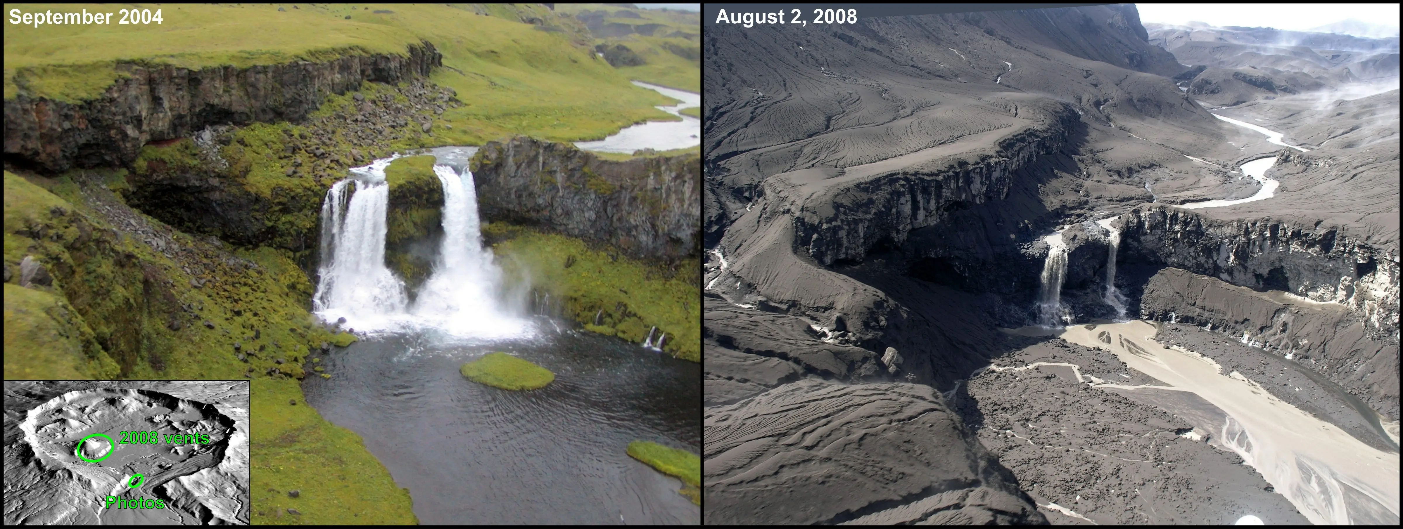 2. Janet Schaeffer of the Alaska Department of Natural Resources Geological and Geophysical Surveys took both these photographs of Crater Creek, the outflow stream from Okmok caldera. She took the second photo in 2008, after a modern eruption much smaller than the one in 43 BC. Photos by Janet Schaeffer, Alaska Volcano Observatory/DGGS.