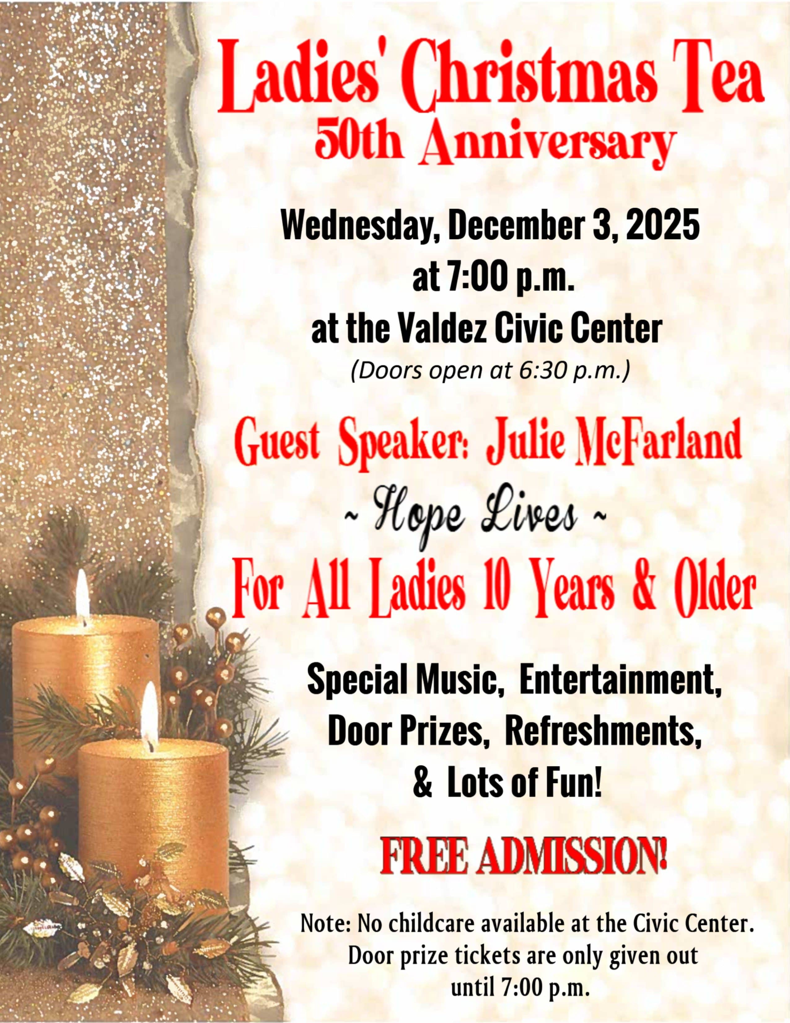 Ladies Christmas Tea - 7pm * Wednesday, December 3rd * Valdez Civic Center